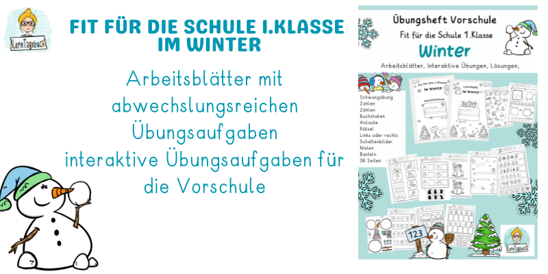 Übungsheft, Arbeitsblätter Vorschule, Einschulung, Vorschulkind. Fit für die Schule 1.Klasse im Winter mit interaktiven Lernaufgaben.