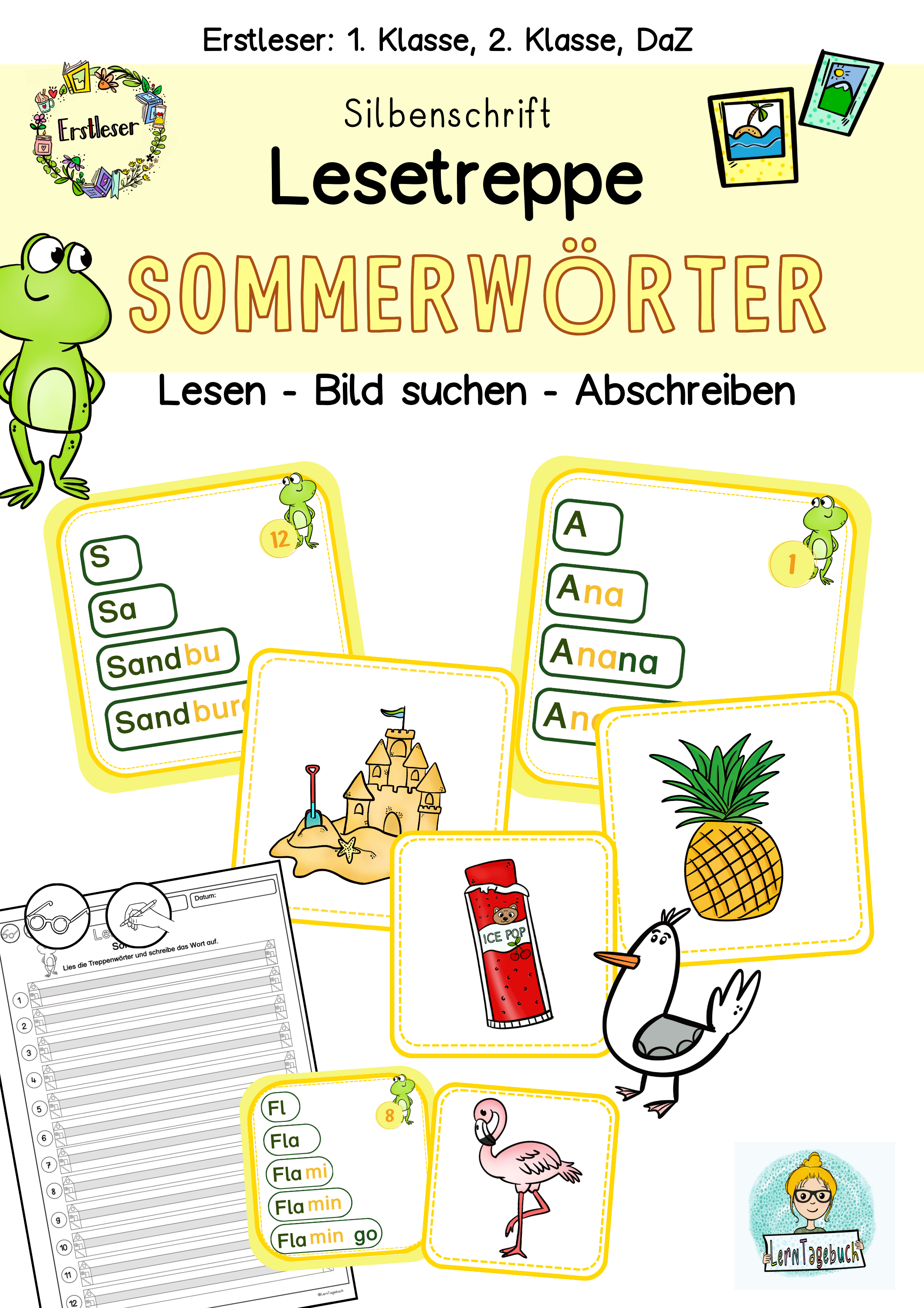 Leseübung in Silbenschrift zum Lesenlernen und Schreiben lernen 1. Klasse, DaZ, Leseanfänger, Erstleser, Wortschatz Sommer.