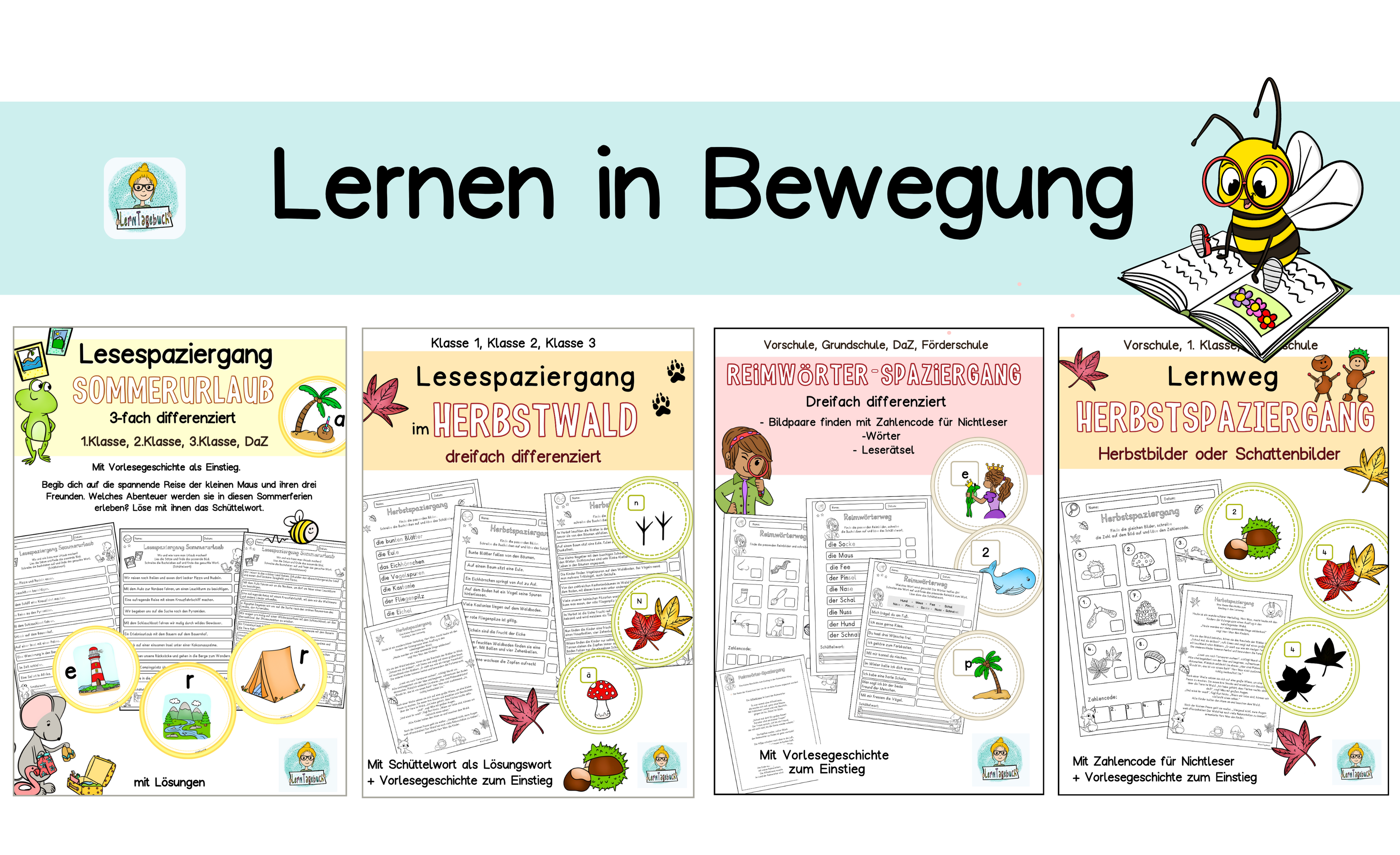 Bewegtes Lernen mit differenzierten Lesespaziergängen und Lernwege  für Leseanfänger und als Lesetraining in Klasse 1, 2, 3, DaZ.  