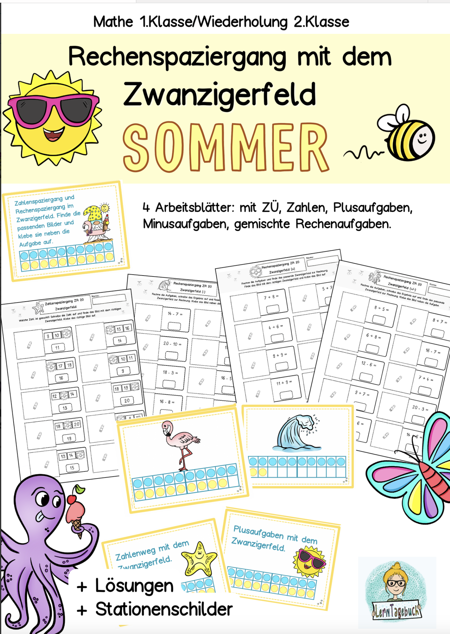 Mathe-Rechenspaziergang Zahlenraum 20 im Sommer. Rechenspiel 1. Klasse, 2. Klasse im Zahlenraum 20.